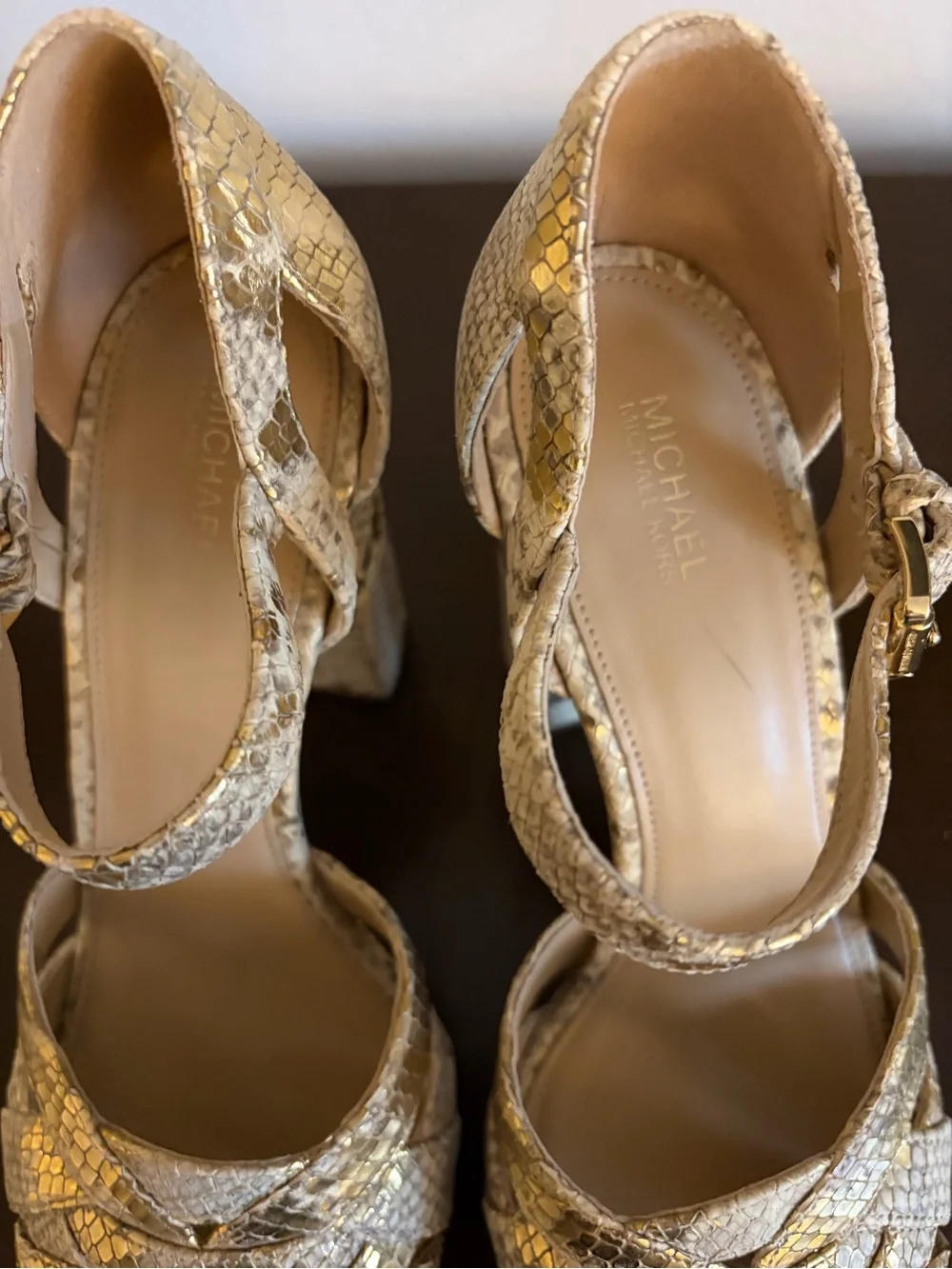 Michael Kors Gold Snake-Embossed Platform Sandals